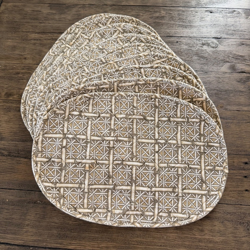 Set of 9 Quilted Oval Placemats Bamboo Lattice Cane Print Tan Coastal Decor